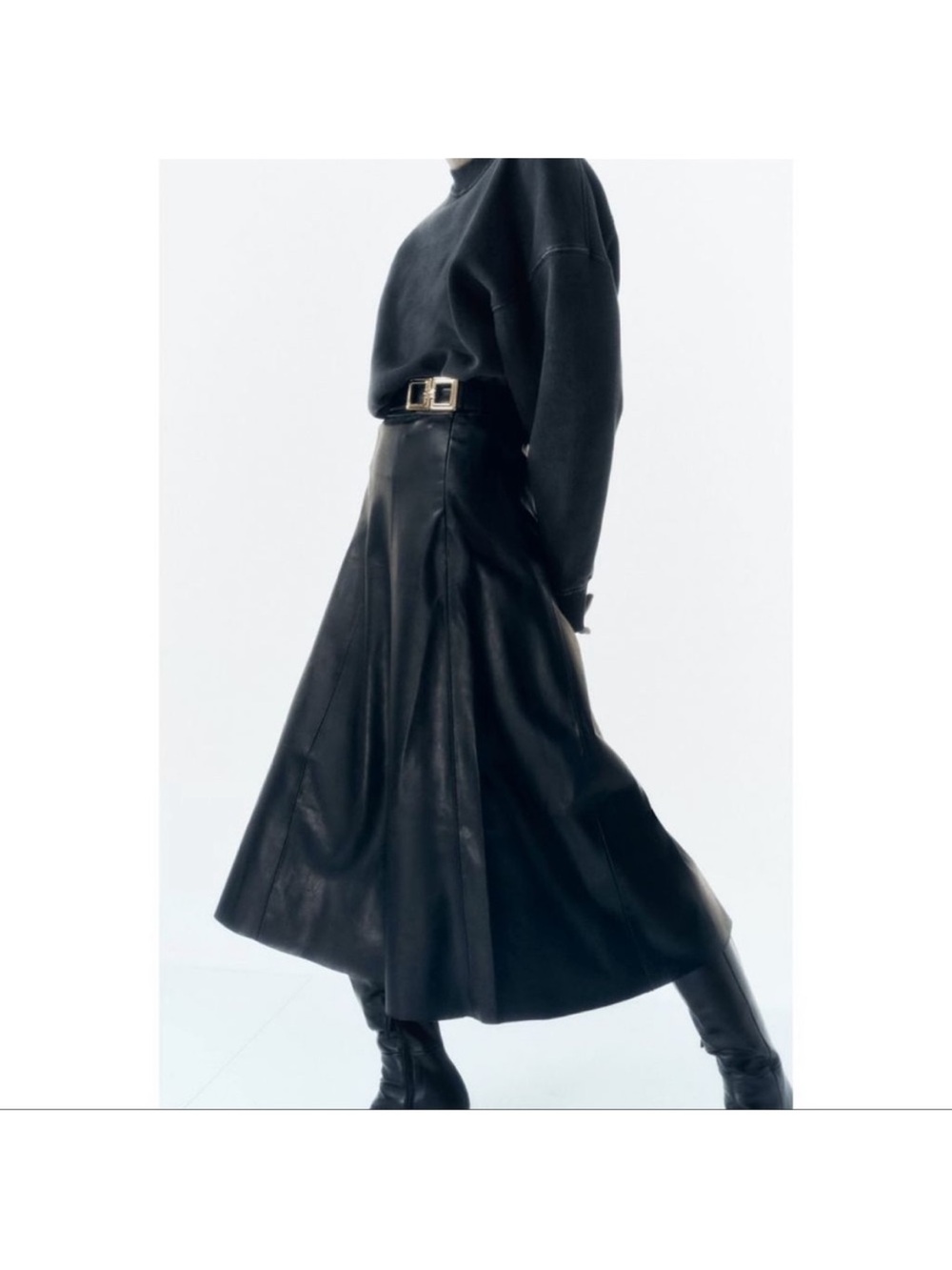 Zara Black Faux Leather A-Line Midi Skirt with Gold Buckle Belt